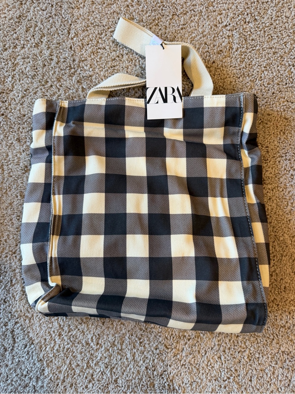 ZARA Black and Cream Gingham Tote
